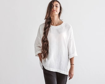 CAMILLA oversize linen top, summer linen blouse for women, white tunic
