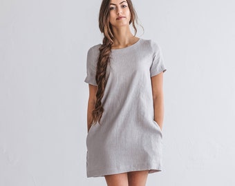 VICTORIA Grey Linen Mini Dress, Summer Tunic with Pockets