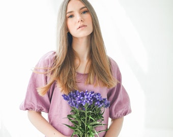 Puff Sleeve Linen Dress Women, Midi, Washed, Loose Clothing, S-5XL