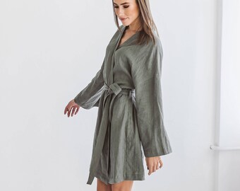 ZOE linen kimono robe, Linen wrap dress, Kimono dress with belt