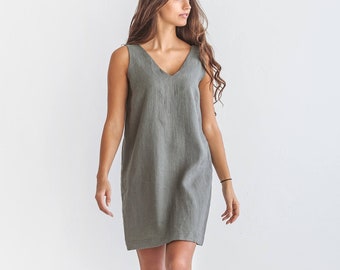 ELLA Linen sleeveless dress, V neckline summer dress for women, mini tunic dress