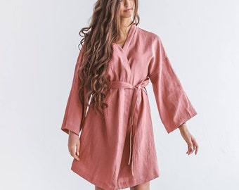 VANESSA linen kimono robe for woman, Summer kimono wrap linen dress, Summer linen dress with belt