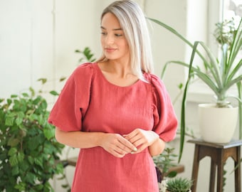 VIVIAN Linen Dress, Puff Sleeves, Knee Length Dress with Belt