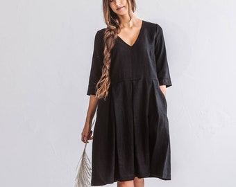 JULIE linen dress with sleeves, Black dress with belt, Summer dress in midi length