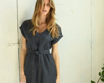 HELEN dress with belt, grey summer dress