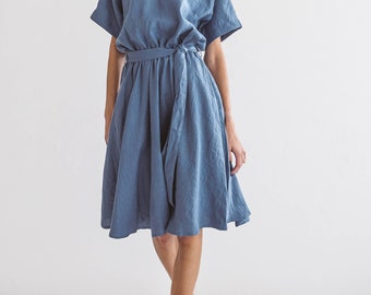 KATE linen dress with sleeves, summer dress in midi length, rubber waist dress