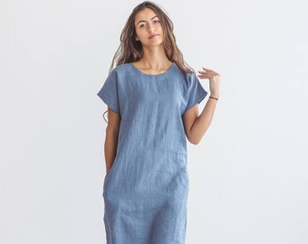 Vestido DIANE de lino azul con cinturón: Largo midi de manga corta - Talla S
