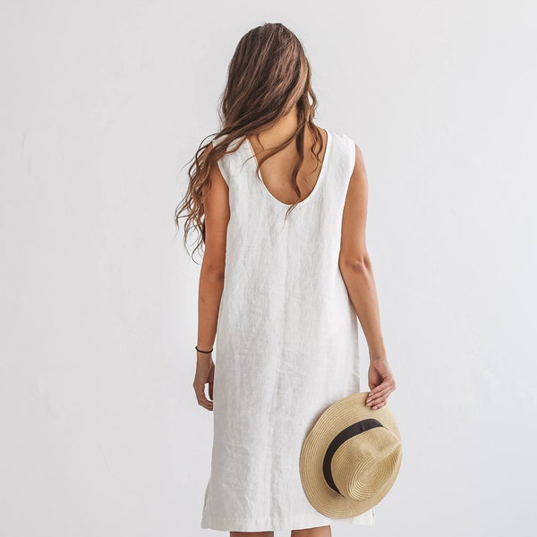 AVERY weißes Leinenkleid, midilanges Sommerkleid
