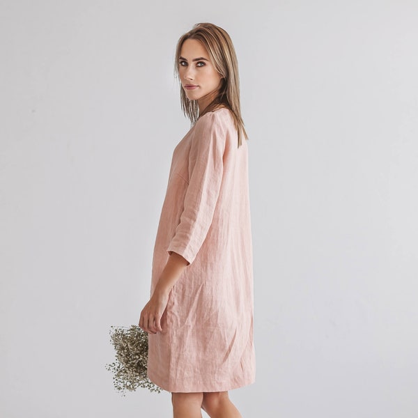 Prêt à expédier Taille S Robe en lin rose pastel MELINDA manches 3/4, robe d'été rose pastel