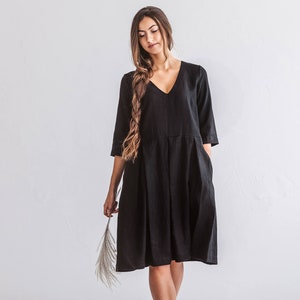 JULIE linen dress with 3/4 sleeves, Black dress with belt, Summer dress in midi length
