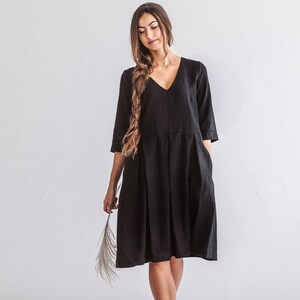 JULIE linen dress with sleeves, Black dress with belt, Summer dress in midi length