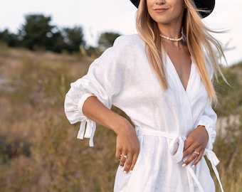 Bata kimono de lino LAUREN, vestido con cinturón cruzado, lino suavizado