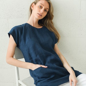 EVELYN Leinen Tunika mit Taschen, Sommerbluse, Marineblaues Leinentop