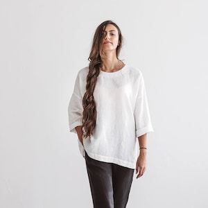CAMILLA top de linho oversize, blusa de linho de verão para mulheres, túnica branca