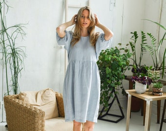 RUTH linen dress with sleeves, puff sleeve dress knee length