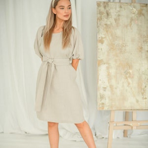 Vestido Vivian de lino con mangas, vestido con mangas abullonadas hasta la rodilla, vestido con cinturón