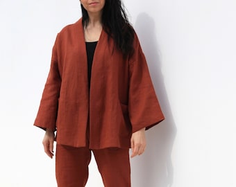 Veste kimono en lin APRIL, blazer oversize en lin cannelle