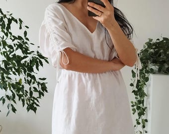 Vestido de lino LUNA, vestido de verano con escote en V para mujer, vestido túnica con cintura elástica