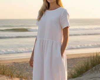 Vestido midi de lino con mangas – Corte relajado / AMELIA