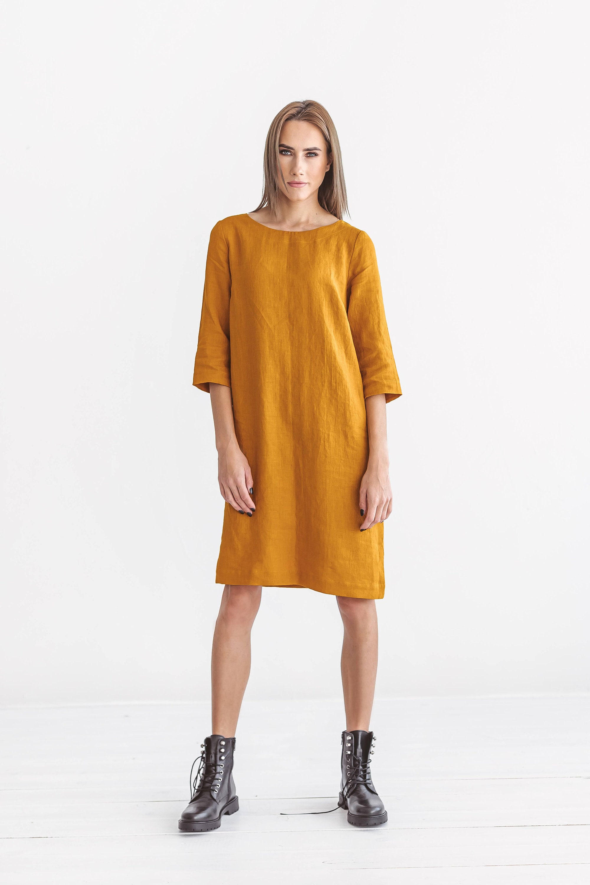 NANCY Linen Dress 3/4 Sleeves Mustard Yellow Summer Dress Etsy