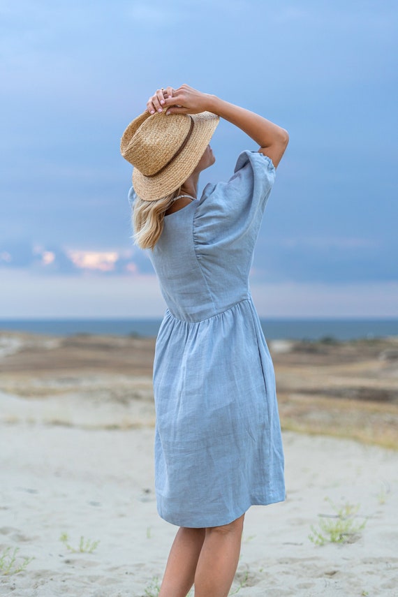 Sky Blue Babydoll Dress 100% Linen ROVE Ethically-made, 60% OFF