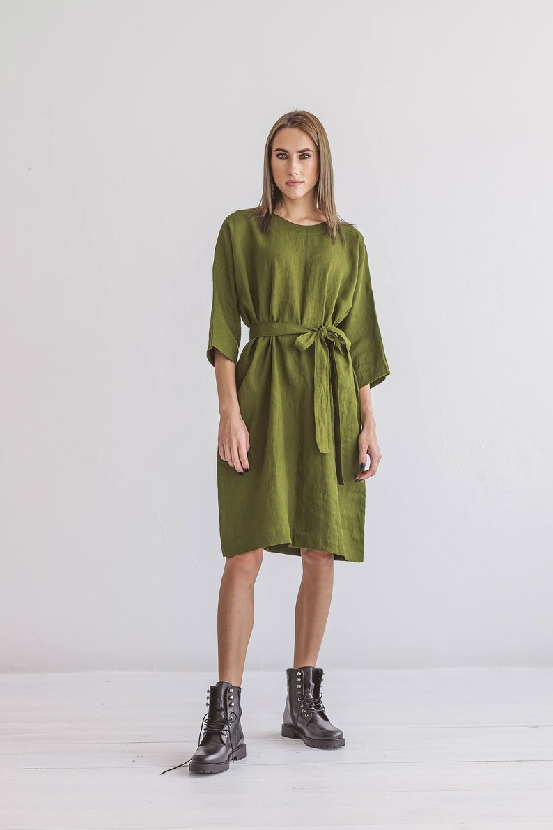 Linen dress 3/4 sleeves summer dress with belt Etsy