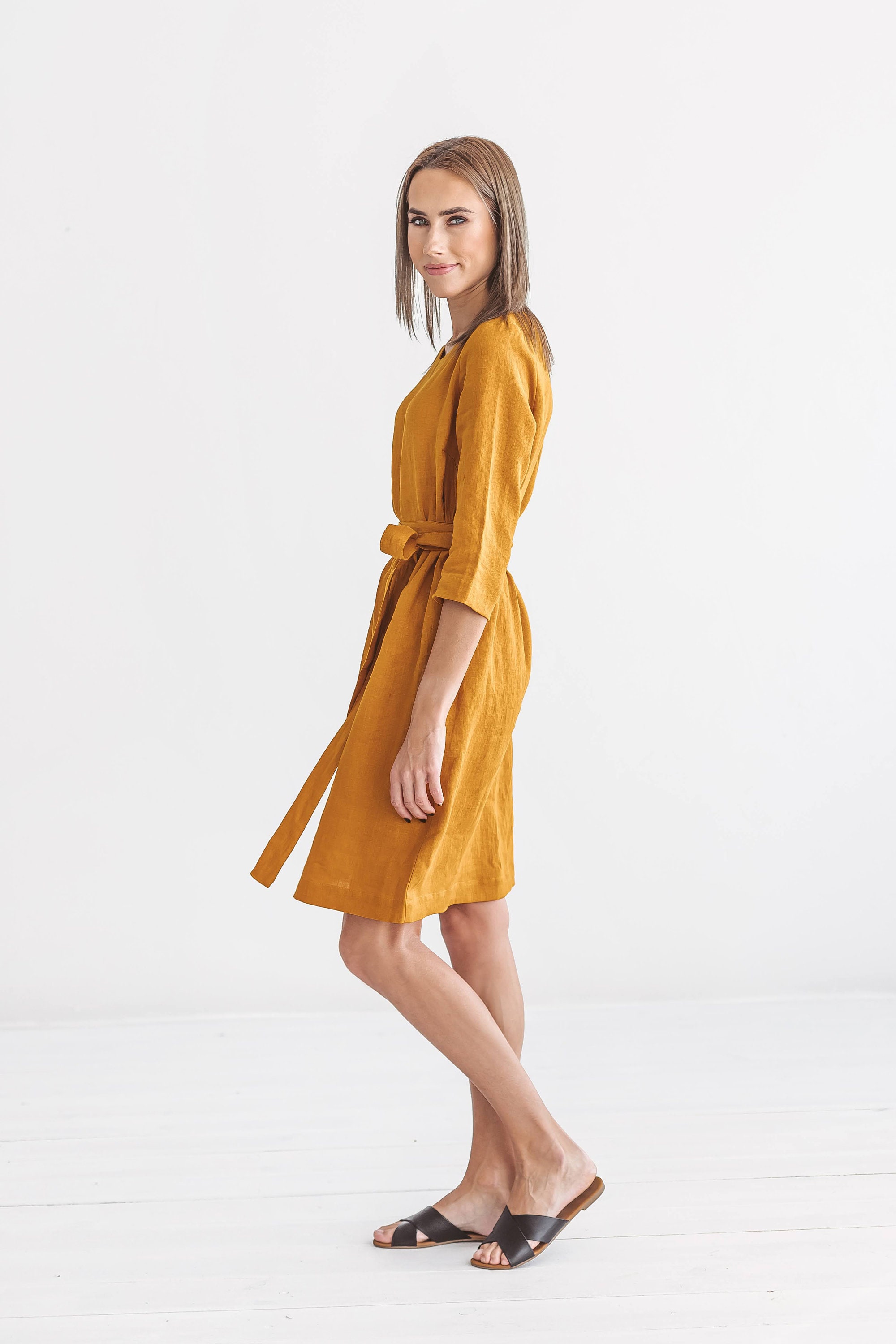 NANCY Linen Dress 3/4 Sleeves Mustard Yellow Summer Dress Etsy