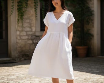 Vestido de lino ALICE: Vestido con escote en V hasta la rodilla y mangas cortas