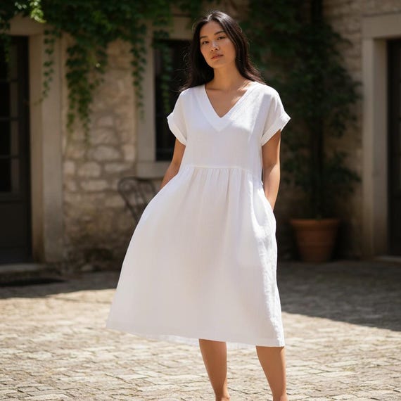 knee length linen dresses ALICE Dress – Knee-length V-neck Dress With Short Sleeves Short sleeve