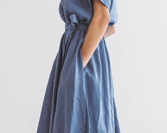 KATE Linen Midi Dress, Short Sleeves, Rubber Waist, With Belt