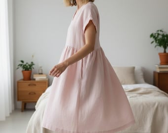 Vestido de lino ALICE – Cuello en V, manga corta y largo hasta la rodilla