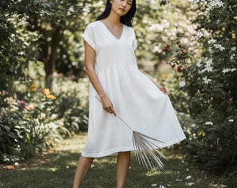 Vestido de lino ALICE – Vestido de manga corta con escote en V y largo hasta la rodilla