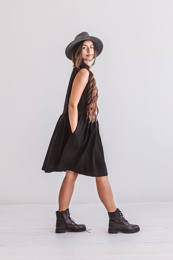 knee length black summer dress KELLY Linen Summer Dress in Knee Length, Black Sleeveless Dress With Belt