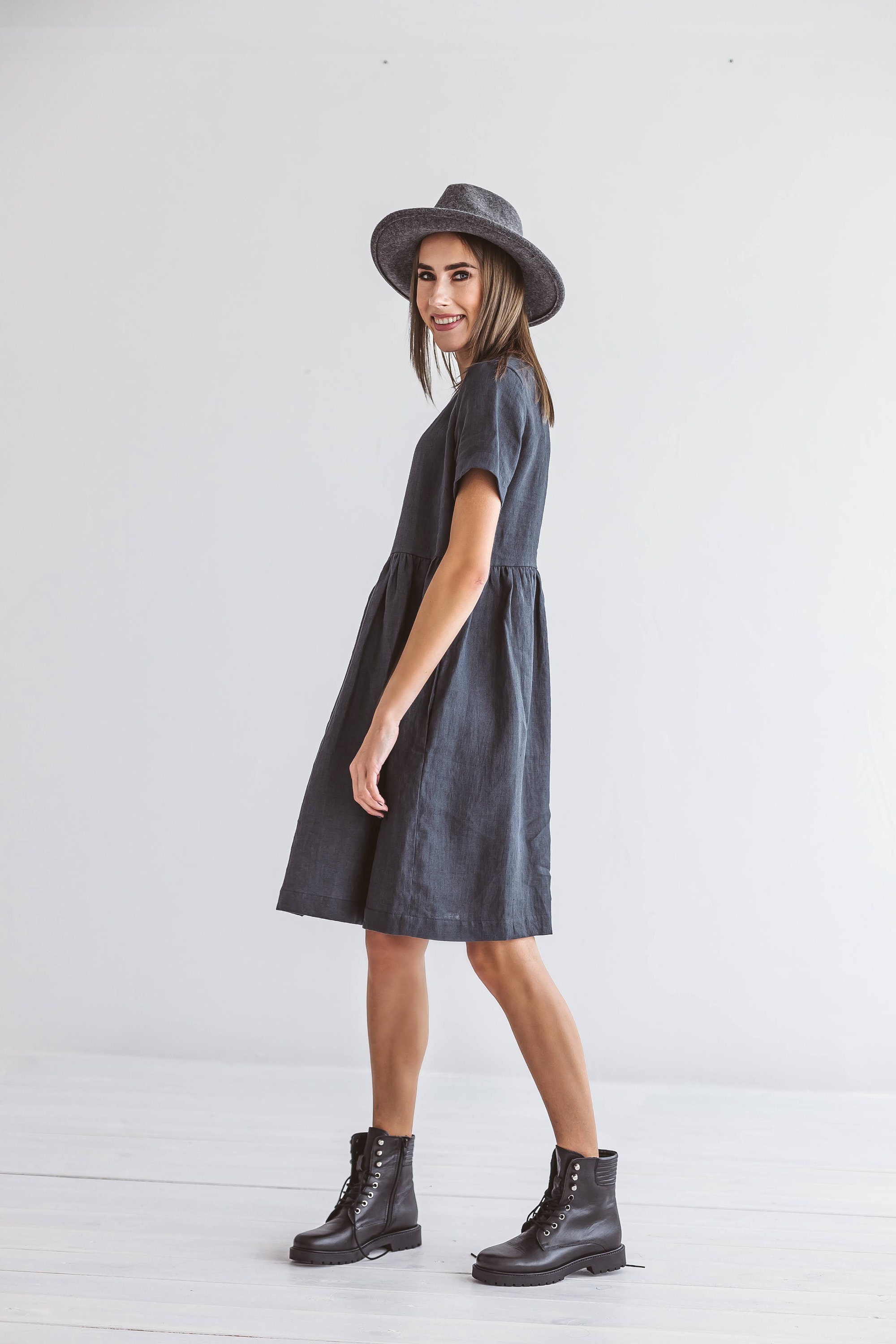 Mia Linen Dress in Cream Plaid Linen