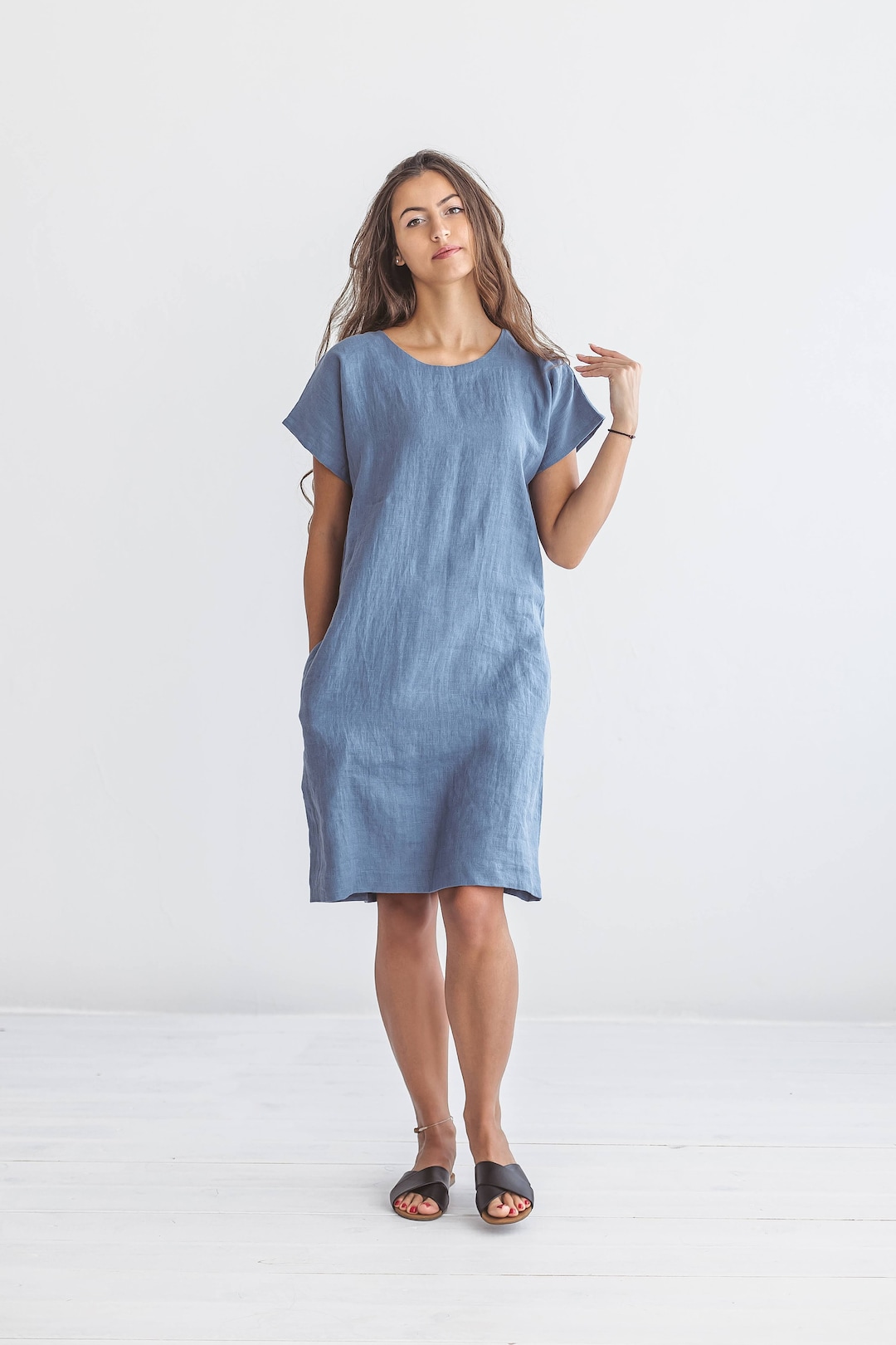 DIANE Blue Linen Dress with Belt: Short Sleeve Midi - Size S