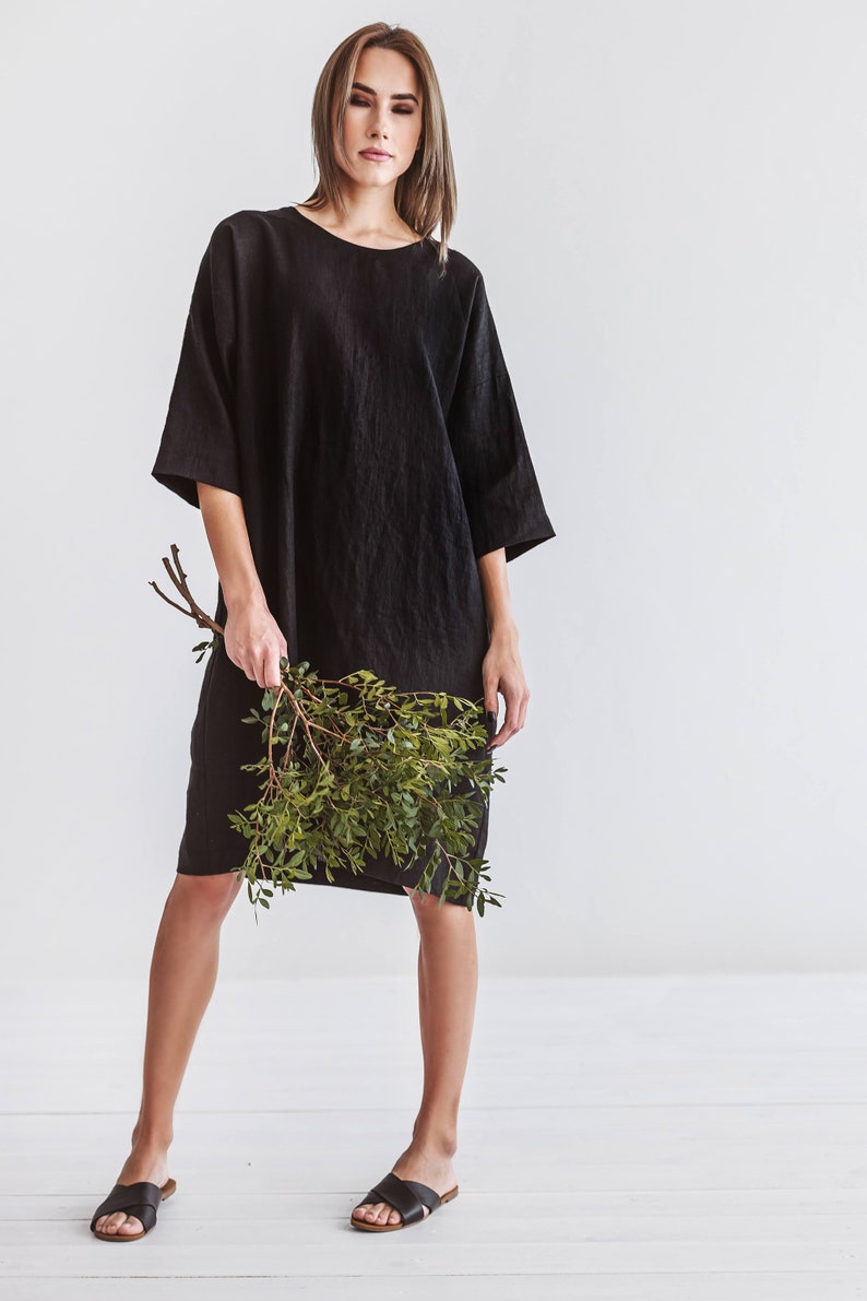 Linen dress with kimono sleeves shown in another color option