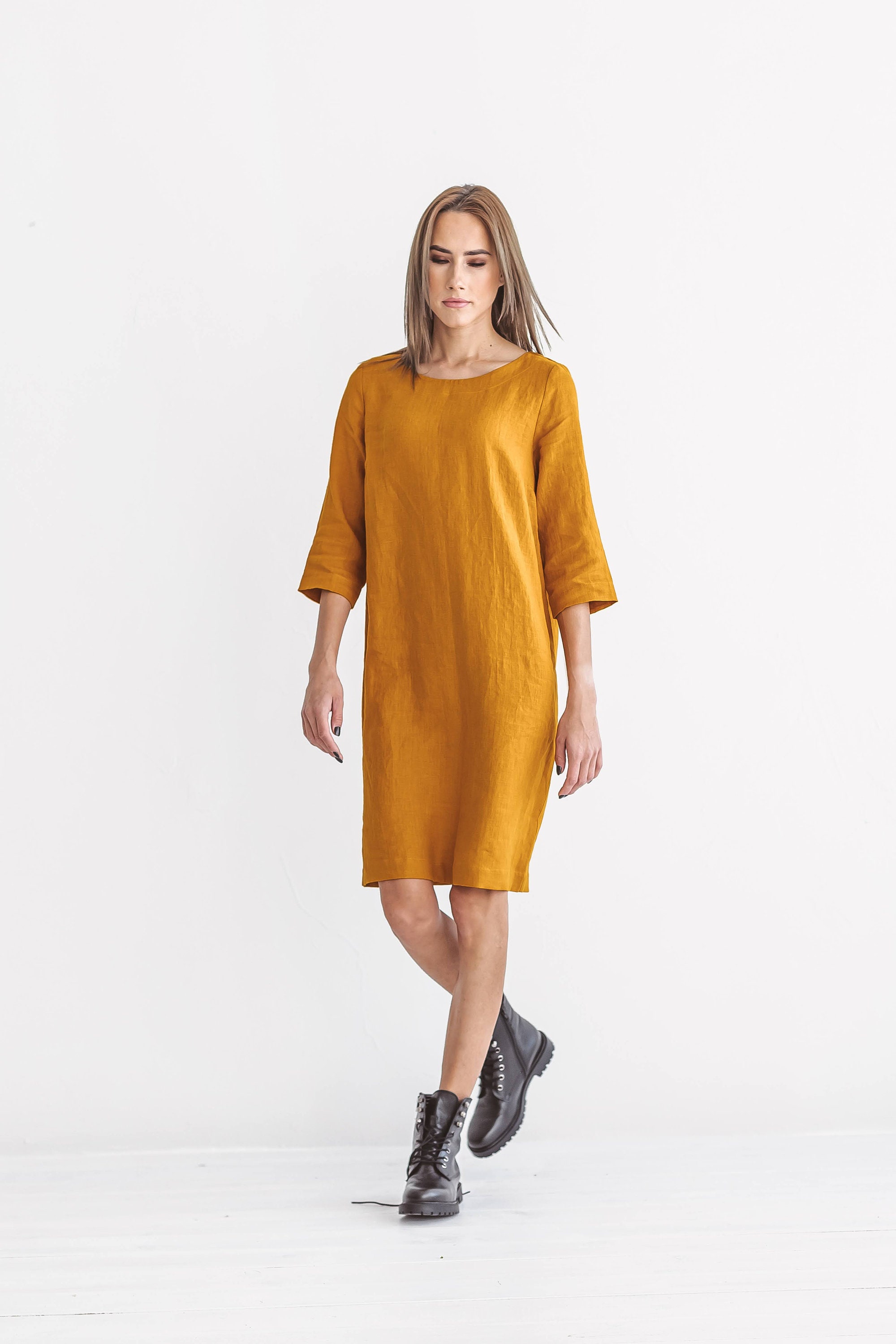NANCY Linen Dress 3/4 Sleeves Mustard Yellow Summer Dress - Etsy