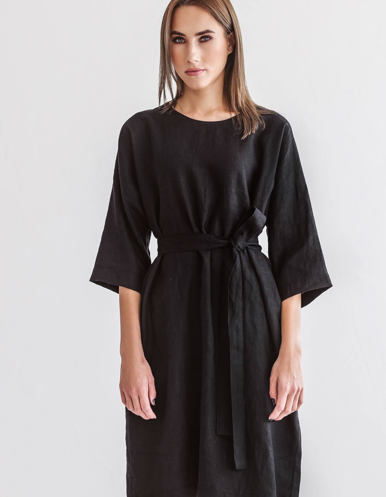 Linen dress with adjustable belt and straight fit design