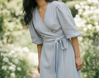 Vestido cruzado de lino con mangas abullonadas, vestido de verano con cinturón