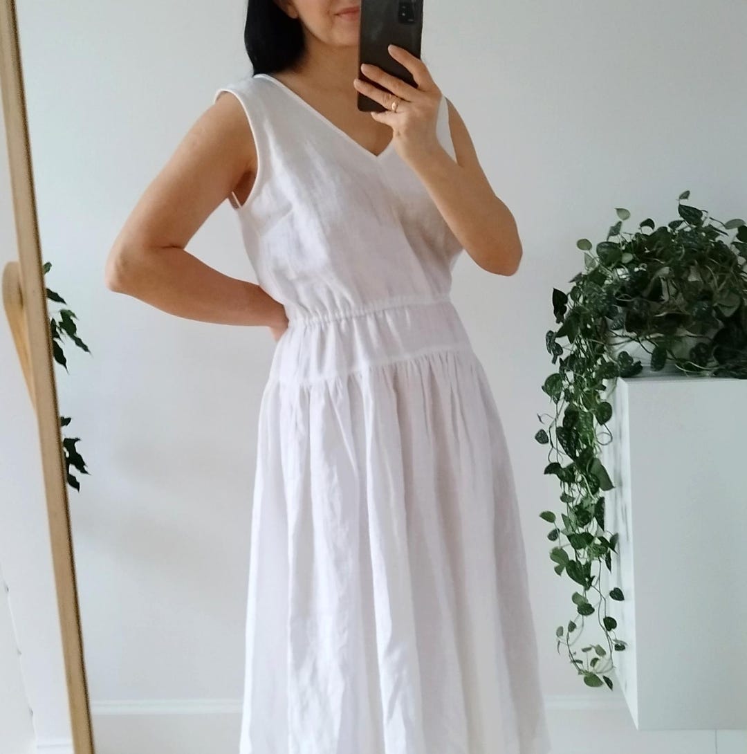 LINEA White Linen Dress, Midi Length Summer Dress