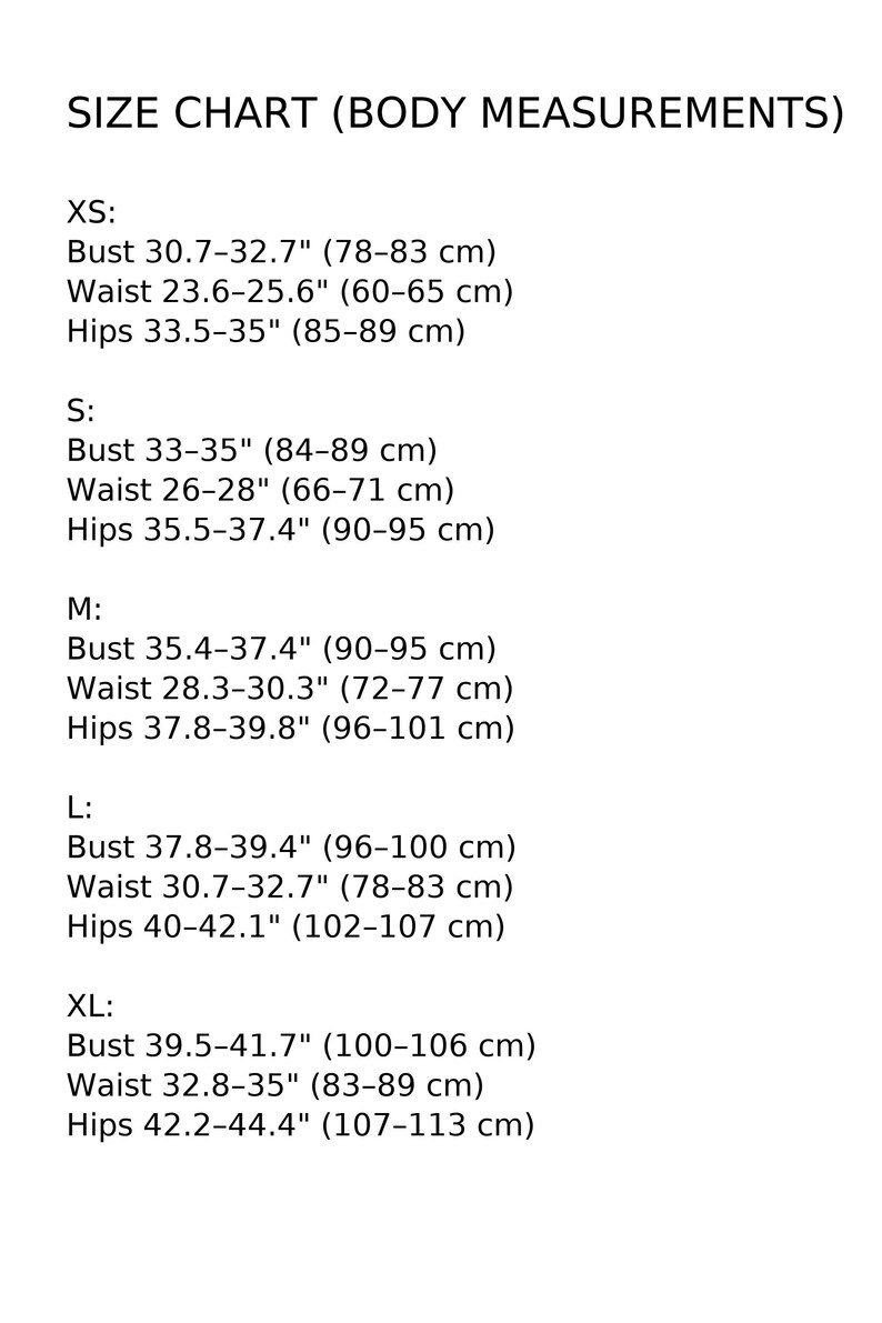 Size chart showing body measurements for a garment