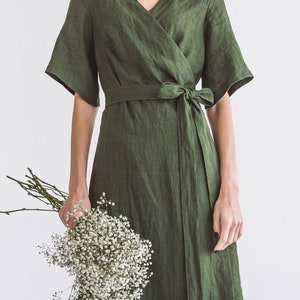 OLIVIA Forest Green Linen Wrap Dress with Belt