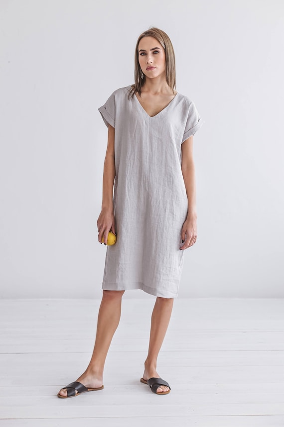 light grey summer dress HELEN V Neckline Linen Dress, Spandex