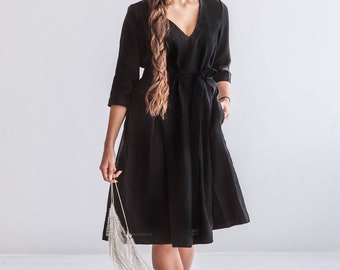 JULIE Linen Midi Dress with Belt and 3/4 Sleeves