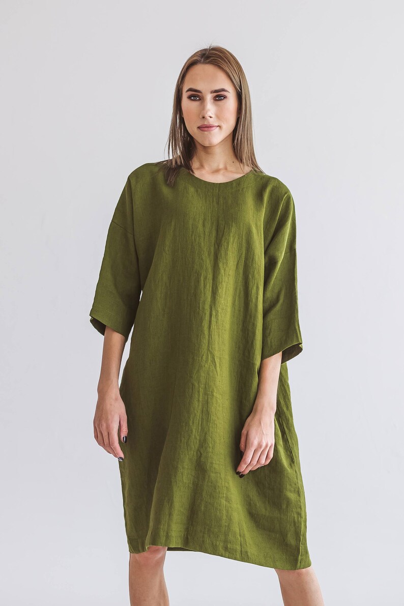 Linen dress with kimono sleeves shown in another color option