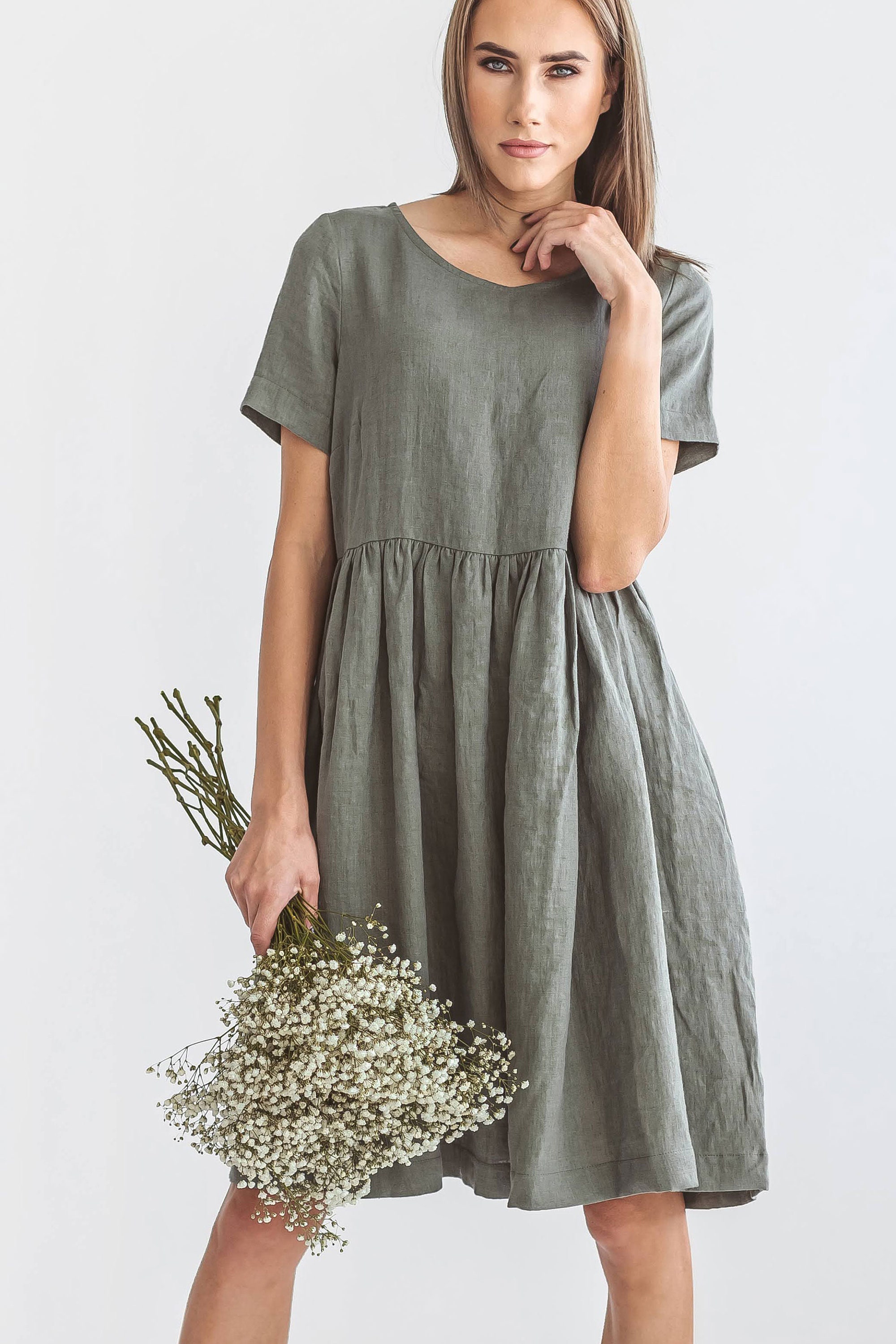 Mia Linen Dress in Green and White Stripe