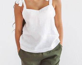 MONA Top de lino para mujer con tiras ajustables para verano