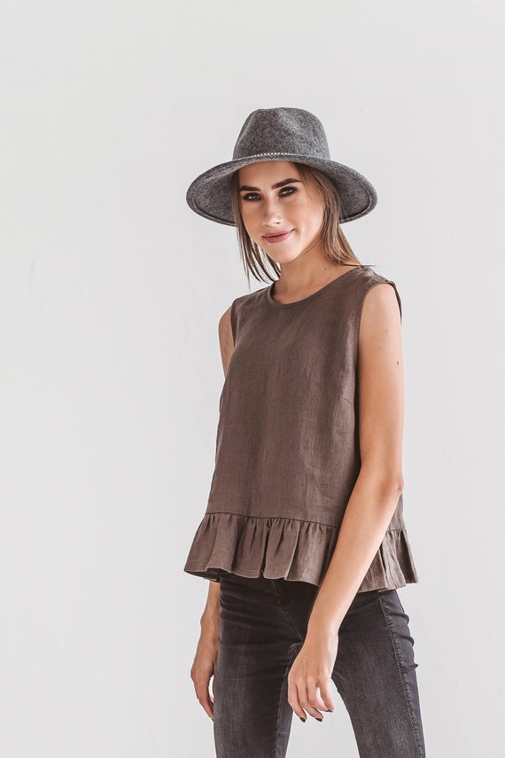 NAOMY woman tank top, summer linen top with ruffles