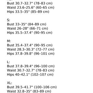 Size chart for womens linen dress body measurements