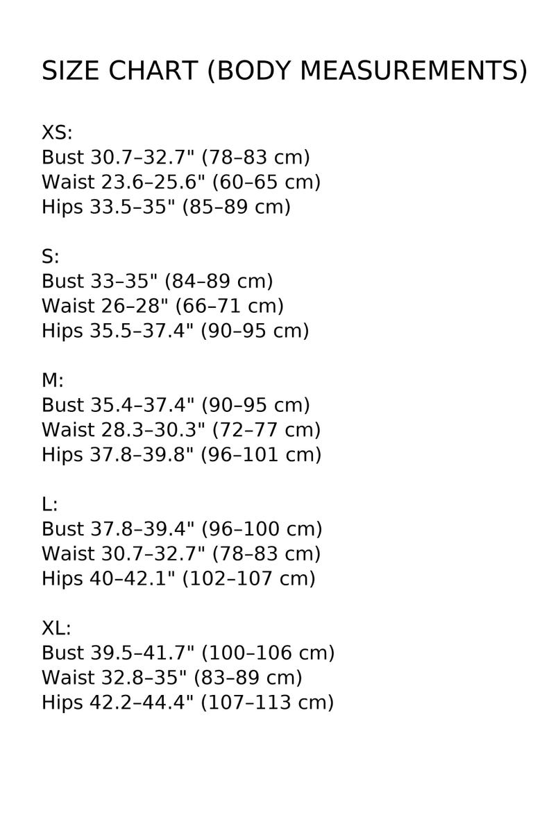 Size chart for womens linen dress body measurements